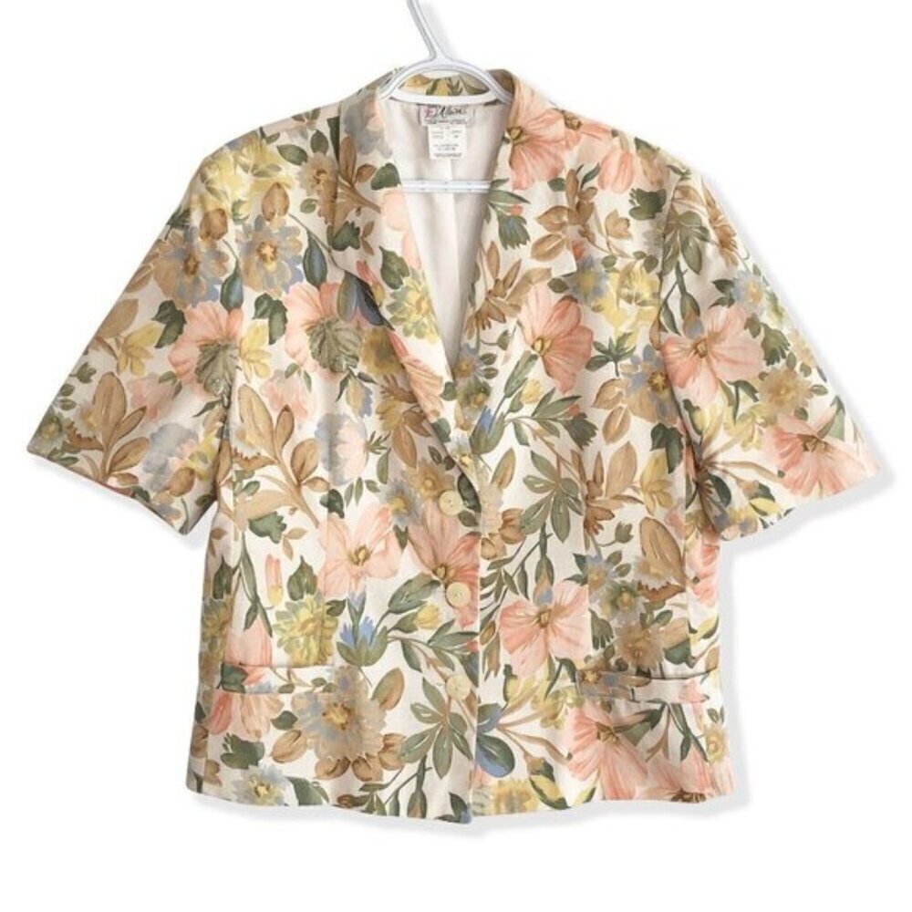 Vintage D'Allairds Cotton Linen Short Sleeve Blazer: Pastel Floral Print